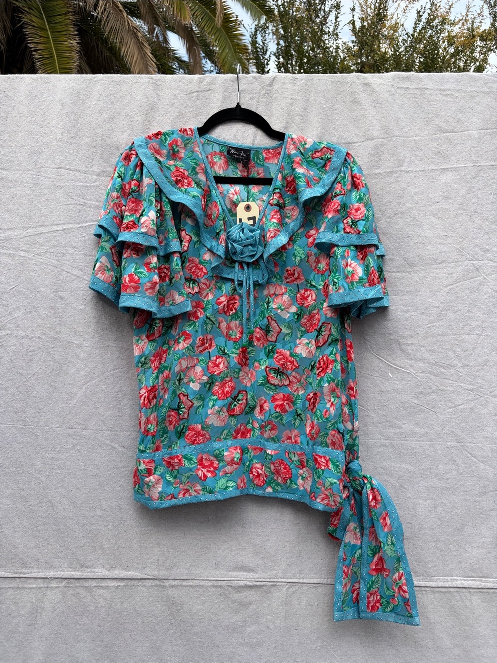 Floral Tie-Waist Ruffle Top - Turquoise & Pink